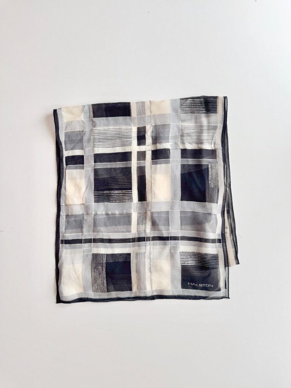 Vintage HALSTON Ivory Black Grey Check Silk Georgettte 56" x 13" Rectangle Scarf